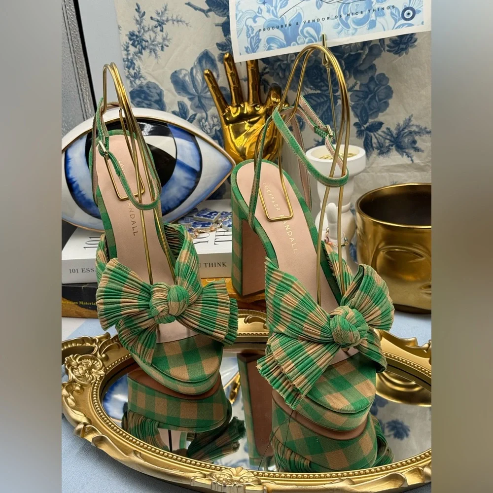 🆕 LOEFFLER RANDALL 🧿 NWOB Natalia Pleated Bow Platform Sandal, Plaid Green Sz7